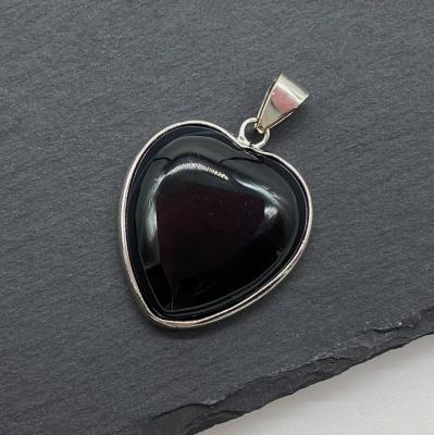 Подвеска Сердце, черный агат, серебристое, 25х30 мм