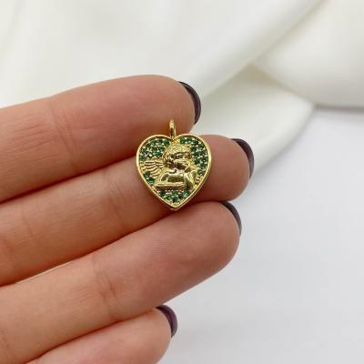 Подвеска Сердце Ангел, зелёный, золотистая, 15х15 мм, 1.11