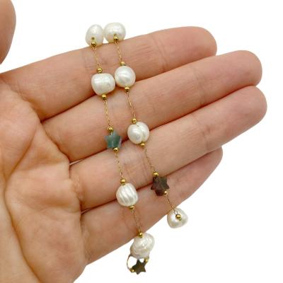 Цепочка из агата и жемчуга, звезды, золотистая, 10 см Ц 31