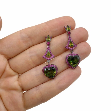 Серьги Сердца, зеленые, чернение, 39х13 мм, с заглушками, 17.45